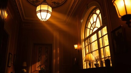 Fine art photograph, art deco style house interior, warm golden light, luxurious atmosphere, subtle darkness, soft focus, no people, adorable details, soft contrast and saturation