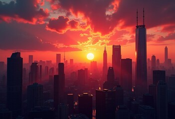 Fototapeta premium vibrant city skyline sunset silhouette urban landscape colorful horizon, building, view, nightfall, cloud, dusk, reflection, light, glow, panorama, asphalt