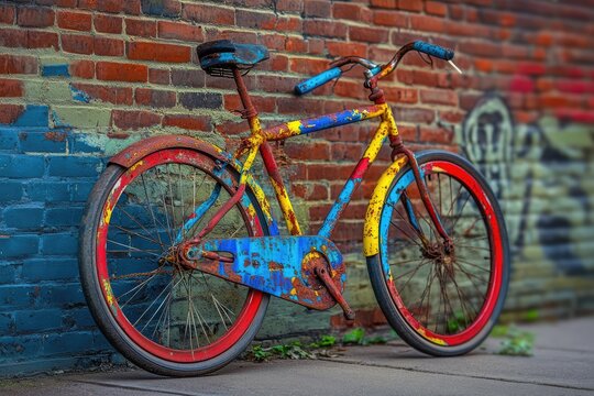 An old, weathered bicycle leans against a brick wall adorned with colorful paint, showcasing rust and a vibrant yet aged aesthetic.