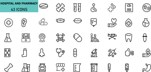 Hospital and Pharmacy Line Icons Set. Medical Outline Vector Symbols