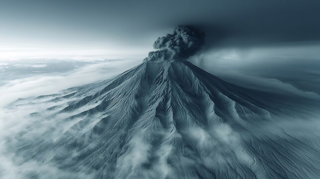 Sweeping aerial view of volcanic ash pattern where slow shutter speed emphasizes flowing movement of ash spread across landscape wide angle lens polarizer enhance texture detail of ash surface high