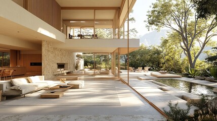 Interior view of a modern house with a pool and a garden with trees and mountains in the background
