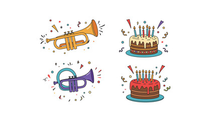 Birthday celebrations with horns and cakes