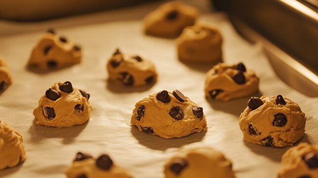 Chocolate chip cookie dough balls ready for baking