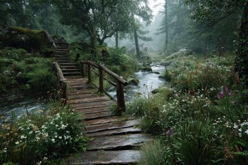 Fototapeta premium Wooden Footbridge Steps Across Stream in Lush Woodland Scene with Verdant Green Plants and Rock Formations near Water