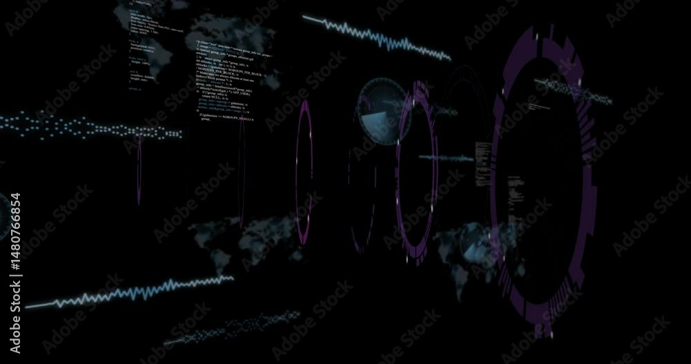 Poster holographic data interface floating in dark space, showing code panels, waveform, ring charts