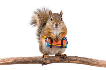 PNG Squirrel balancing colorful backpack on branch