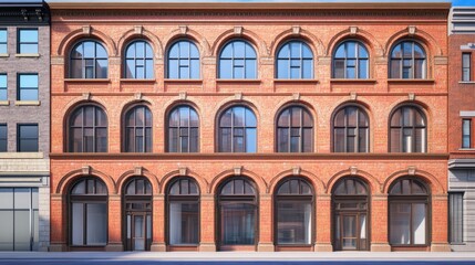 Obraz premium Classic Brick Building Facade with Large Windows and Arched Entries