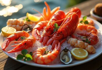 vibrant seafood platter fresh ice garnish colorful presentation shellfish crustacean appetizer delicacy coastal cuisine, snack, dish, shrimp, lobster, crab