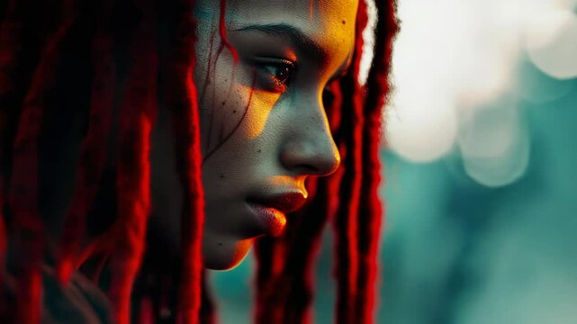 Fierce Female Warrior with Red Dreadlocks in Cinematic Battle Scene