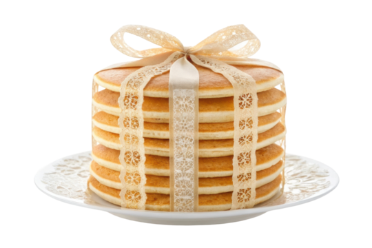 PNG Stack of pancakes tied with lace ribbon on decorative plate