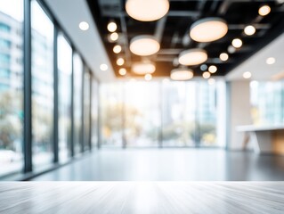 Modern Office Interior with Empty Space, Large Windows and Stylish Lighting