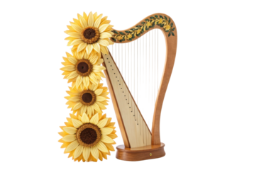 PNG Sunflower-adorned harp with wooden frame and floral details