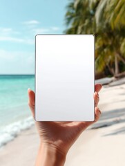 Digital Tablet Mockup Held at Tropical Beach Destination Paradise Vacation