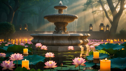 Vesak celebration at a tranquil fountain surrounded by lotus flowers and soft candlelight in a serene garden at dawn