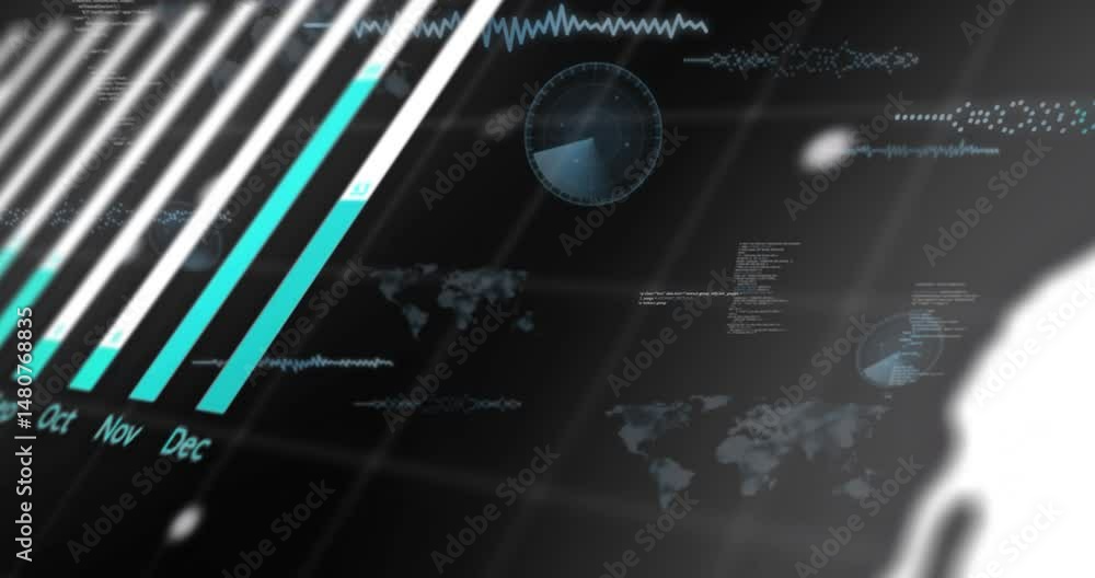 Poster teal diagonal bar chart animating on dark grid, showing world map, radar, code snippets, waveforms