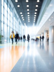 Blurred Business People Walking in Modern Office Hallway, Bright Interior, Abstract