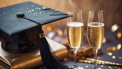Celebration of academic achievement with graduation cap, champagne glasses, and festive decorations in a warm setting