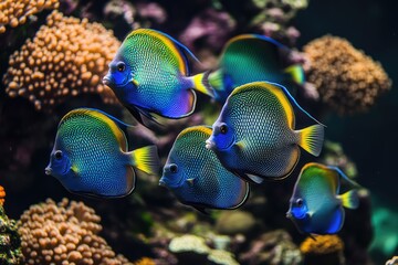 Obraz premium A vibrant group of Blueface Angelfish swim among colorful coral reefs in a thriving underwater ecosystem.
