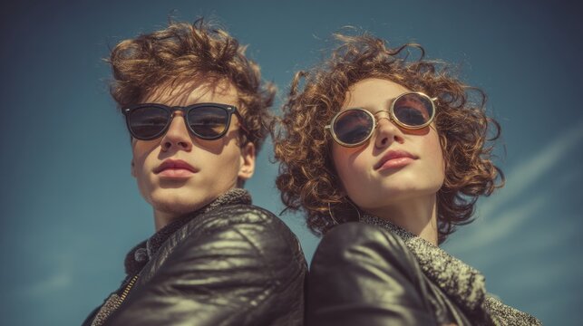 Two young people wearing sunglasses and leather jackets pose for a photo