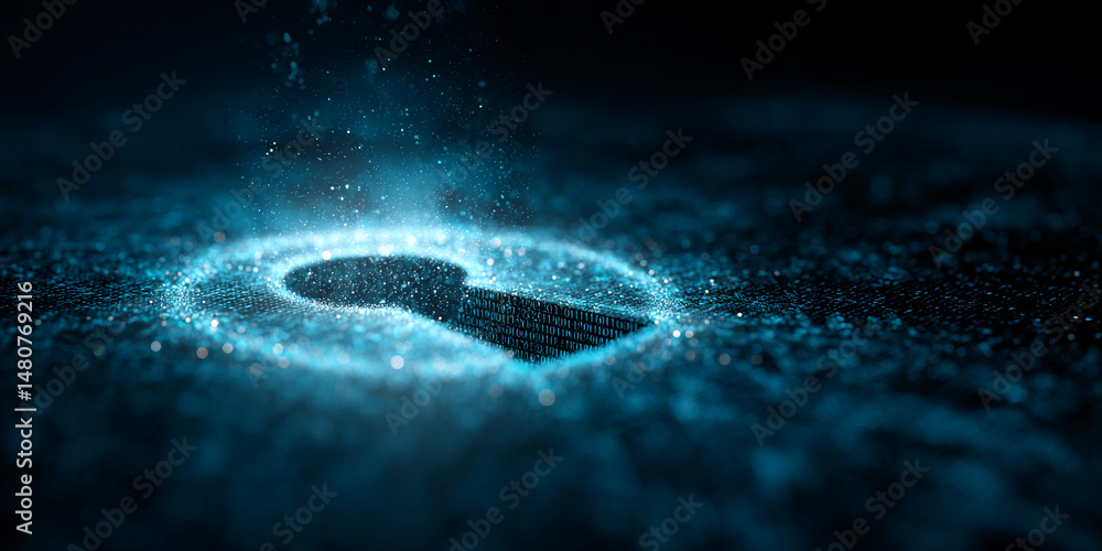 Poster glowing blue particles form a keyhole shape, binary code visible within, suggesting digital security