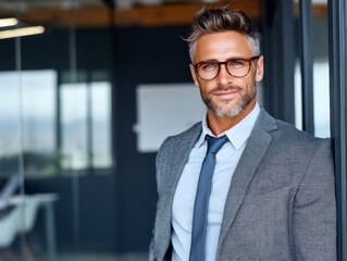 Fototapeta premium Confident Mature Businessman Leaning Against Office Door Frame with Charm