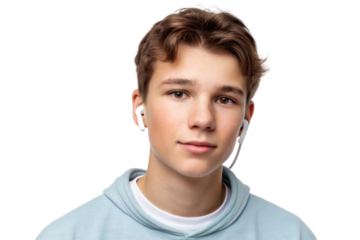 PNG Young caucasian male teen with earbuds and brown hair in blue hoodie