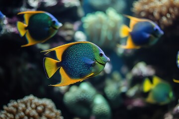 A school of vibrant angelfish swim amongst coral and anemones in a tropical reef setting.