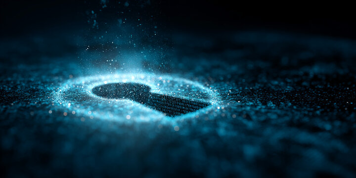 Glowing blue particles form a keyhole shape, binary code visible within, suggesting digital security or data protection