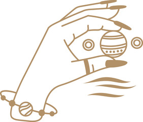 Minimalist line art drawing of a woman s hand with long nails and bracelet holding planets, esoteric and mystical concept, boho style illustration