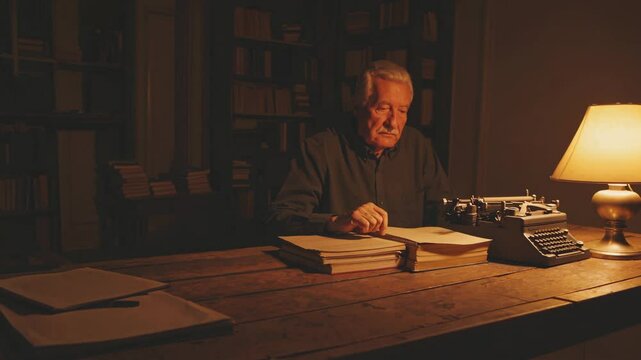 Senior writer reviewing his manuscript in his personal library