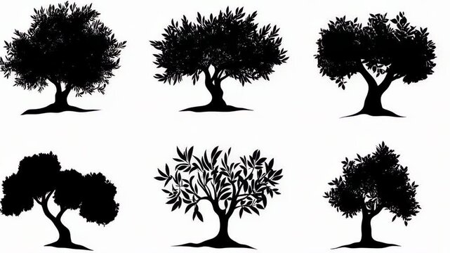 collection of various tree silhouettes, stark black shapes on white background vector illustration