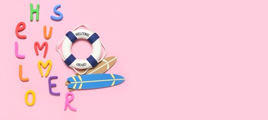 Text HELLO SUMMER, small surfboards and lifebuoy on pink background with space for text