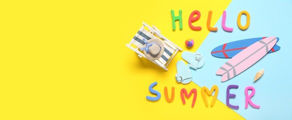 Text HELLO SUMMER and beach accessories on color background with space for text