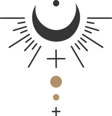 Minimalist design of a crescent moon shining with sun rays, crosses and dots, forming a mystical symbol in boho style, ideal for esoteric and spiritual concepts