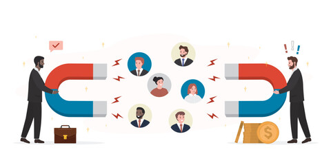 Businessmen uses magnets and attracting for candidates. Talent war, company competition to draw skillful candidate to fill in vacancy, recruitment war or career challenge,