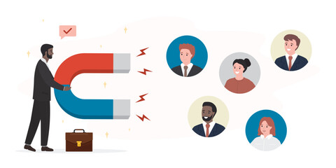 Customer acquisition. Process of bringing in new customers or clients for business. Way to acquire customers. Businessman uses magnet to attract audience interest.