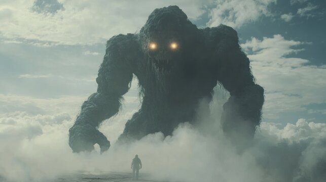 Colossal stone giant looms over lone figure in misty landscape dramatic fantasy scene
