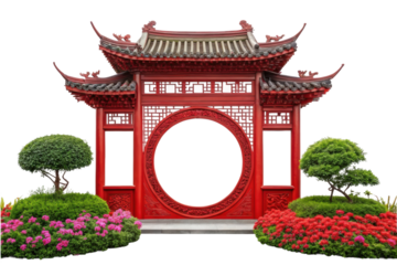 PNG Traditional chinese red moon gate with lush greenery and flowering plants