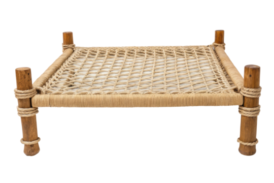 PNG Traditional woven rope cot with wooden frame on white background