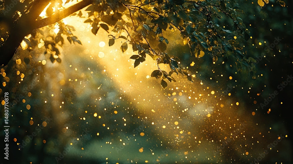 Poster sunlight shining through tree branches with bokeh effect and golden light filtering through leaves