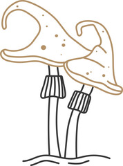 Minimalist vector illustration of two stylized mushrooms with long stems and spotted caps, growing from the ground, evoking a simple and natural aesthetic