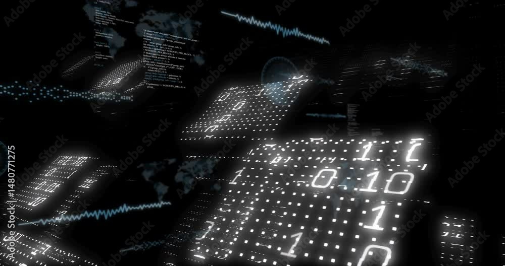 Poster abstract digital landscape showing floating code panels and binary grid forming 3d visualization