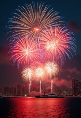 vibrant fireworks display over city skyline silhouette night celebration colorful explosion, light, illumination, architecture, urban, festive, scene, darkness