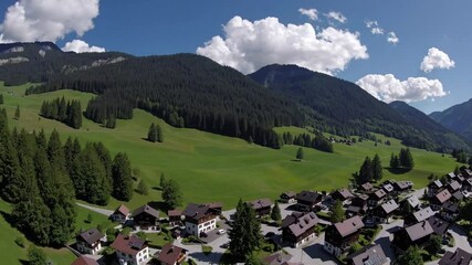 Switzerland alpine village with green mountain view, beautiful Swiss house