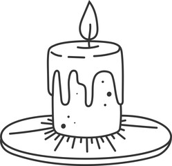 Simple line drawing of a burning candle with melting wax dripping down its sides, resting on a decorative plate, creating a cozy and atmospheric scene