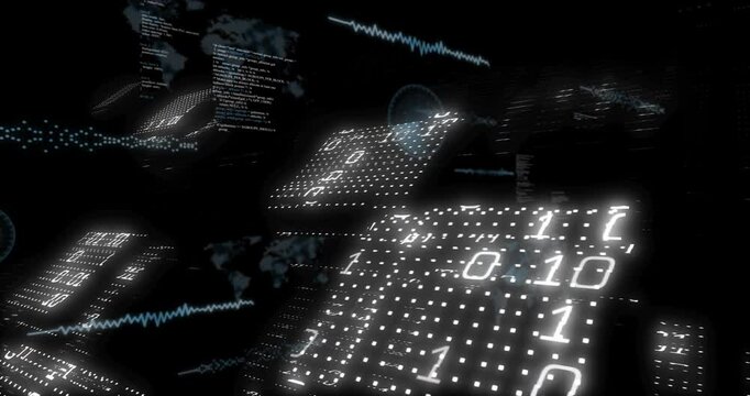 Abstract digital landscape showing floating code panels and binary grid forming 3D visualization - Powered by Adobe