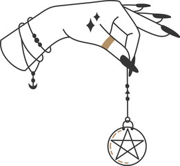 Elegant female hand with black nails and jewelry holding a pendulum with a pentagram, divination esoteric magic, spirituality and occultism
