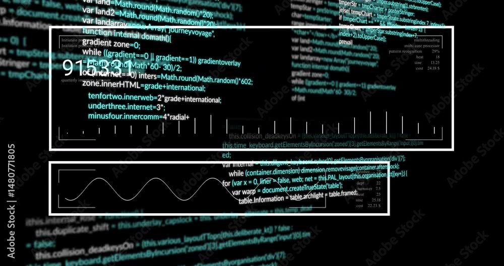 Aufkleber data dashboard panels floating against dark code background, displaying 711