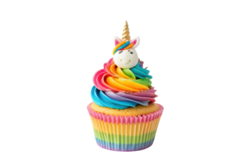 PNG Colorful unicorn-themed cupcake with rainbow frosting and horn topper